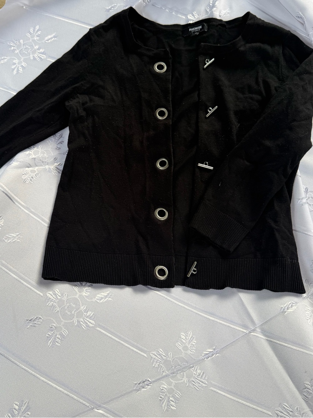 Premise Black Cardigan with Silver Grommet Toggle Closures